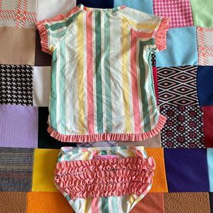 RuffleButts Toddler Orange Green Yellow Stripe Rash Guard Bikini 3T